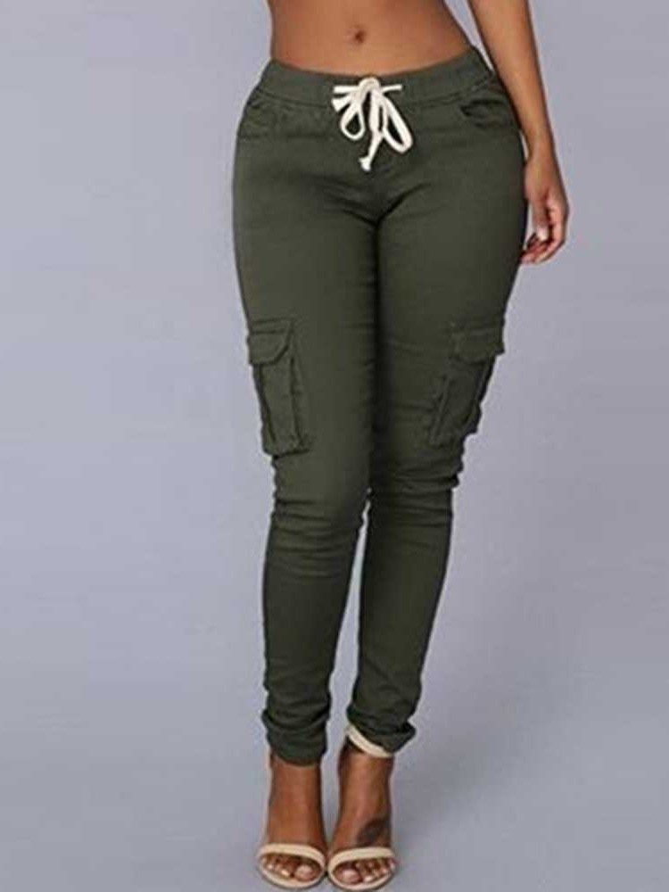 Kvinners uformelle bukser Cargo bukser Skinny Plain Pocket Pencil Bukser Mid waist