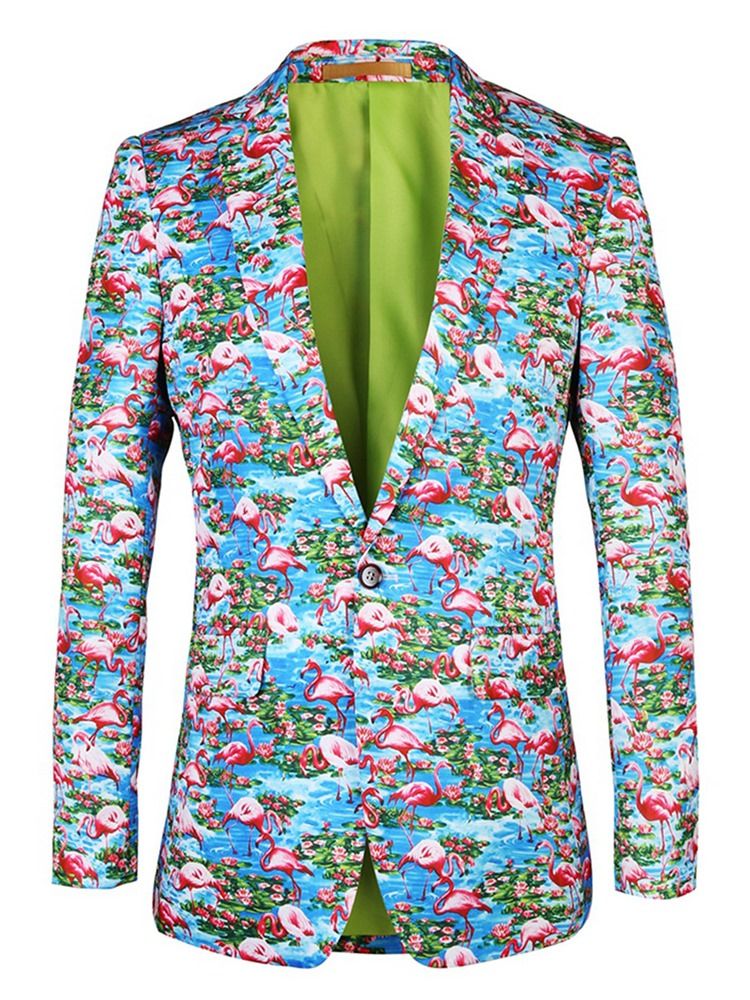 Flamingo-Trykt Fargeblokk Slim Blazer For Menn