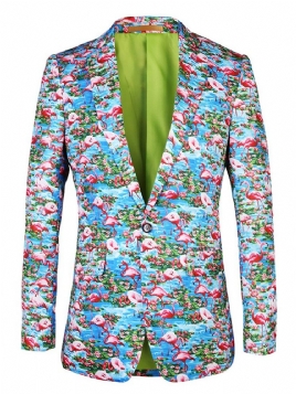 Flamingo-Trykt Fargeblokk Slim Blazer For Menn