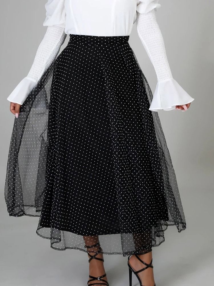 Polka Dots Mesh A-Line Mid Waist Dameskjørt