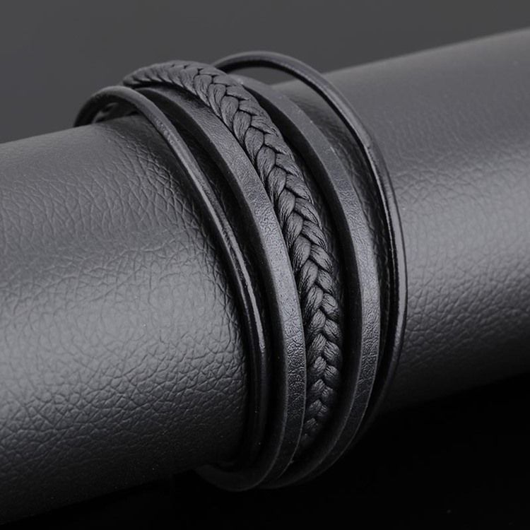 Multilayer Black Leather Weave Armbånd For Menn