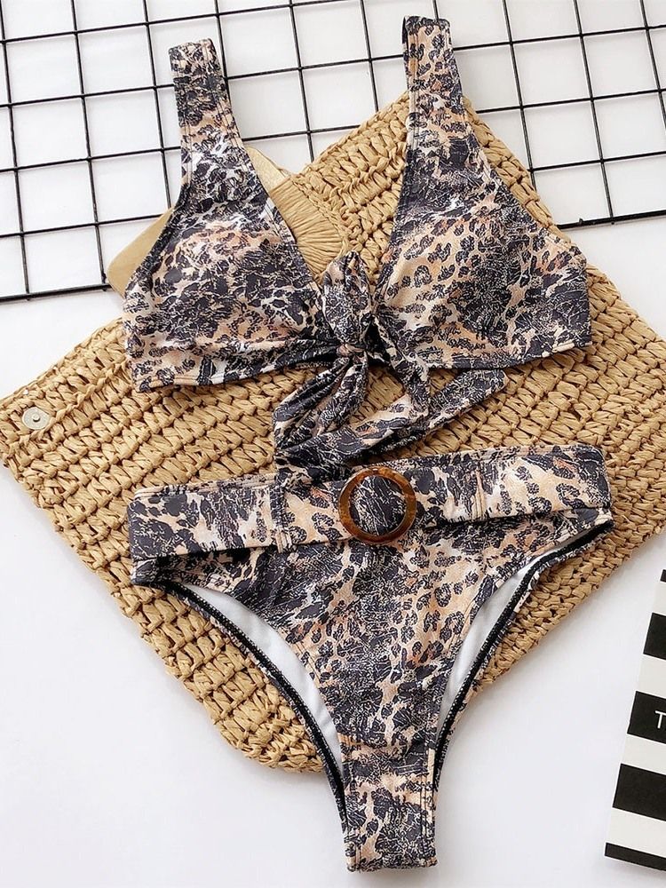 Color Block Leopard Print Bikini Set Badetøy