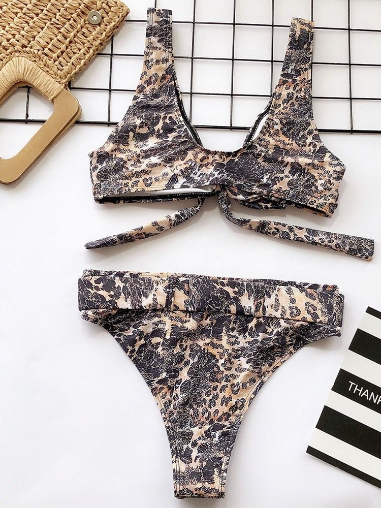 Color Block Leopard Print Bikini Set Badetøy