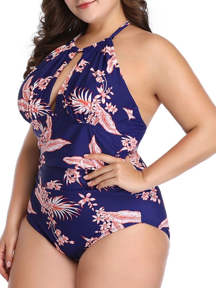 Hollow One Piece Floral Lace-Up Sexy Plus Size Badetøy