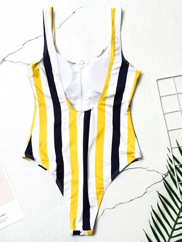 One Piece Stripe Glidelås Color Block Stretchy Badetøy