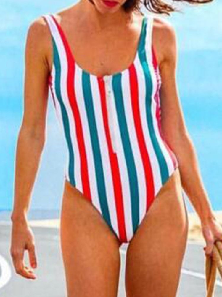 One Piece Stripe Glidelås Color Block Stretchy Badetøy