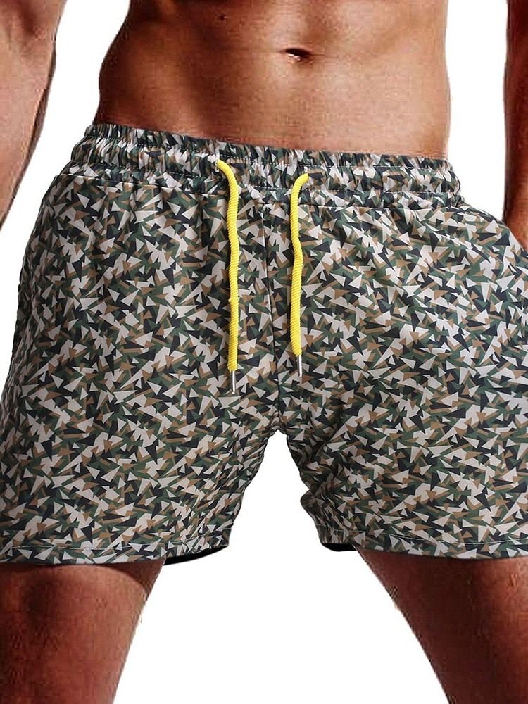 Camouflage Straight Lace-Up Beach Shorts For Menn