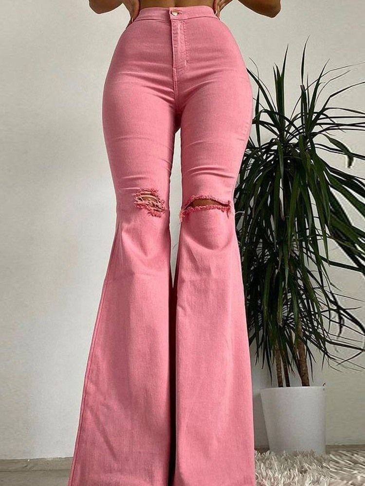 Bellbottoms Hole Plain Dame Slim Zipper Jeans