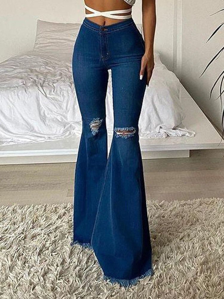 Bellbottoms Hole Plain Dame Slim Zipper Jeans