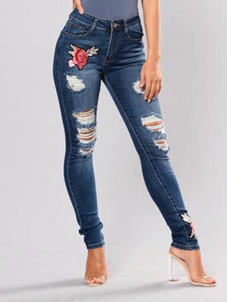 Broderi Floral Ripped Slim Mid-Waist Jeans