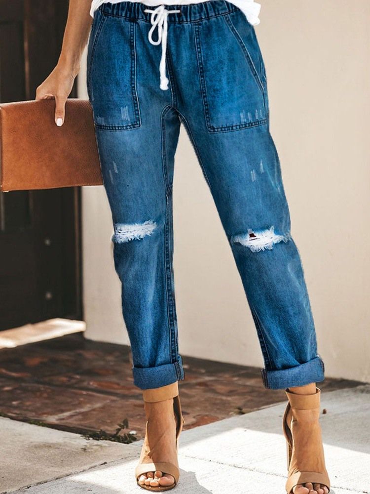 Lace-Up Vanlig Lomme Elastikk Jeans