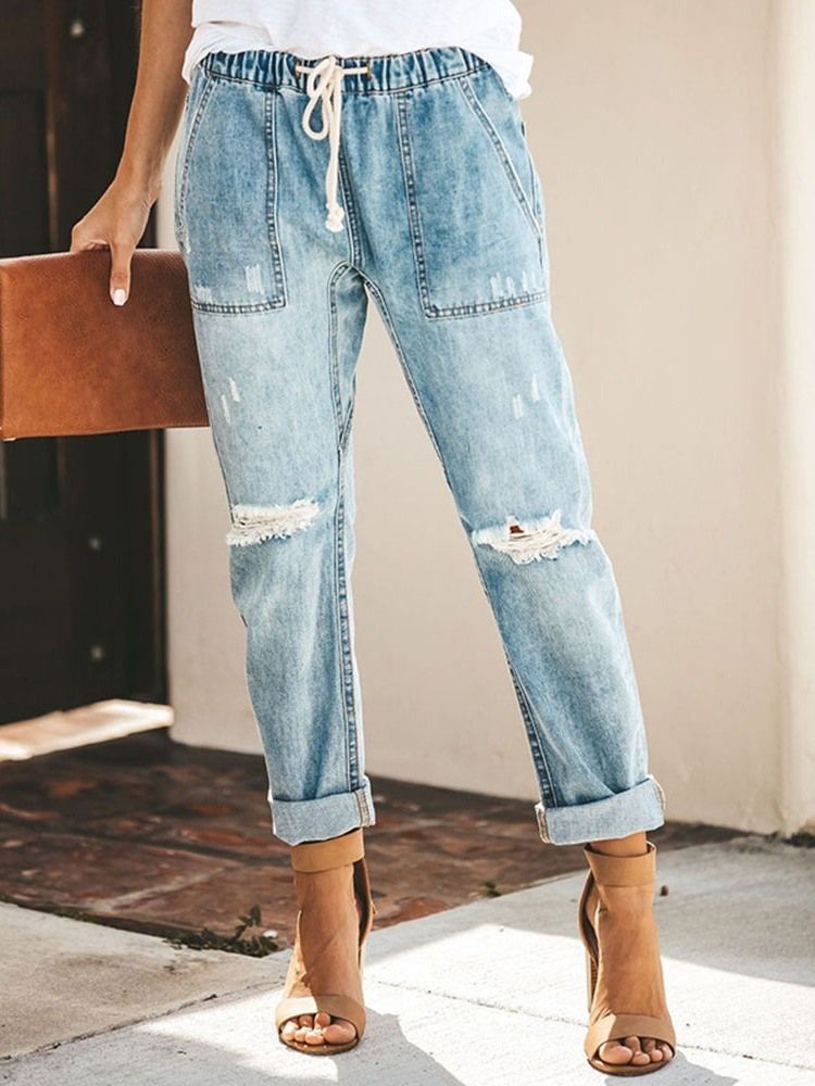 Lace-Up Vanlig Lomme Elastikk Jeans