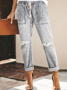 Lace-Up Vanlig Lomme Elastikk Jeans