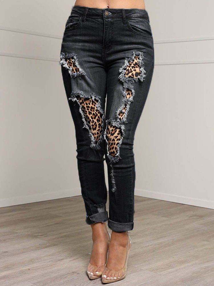 Patchwork Leopard Pencil Bukser Glidelås Dame Slim Jeans