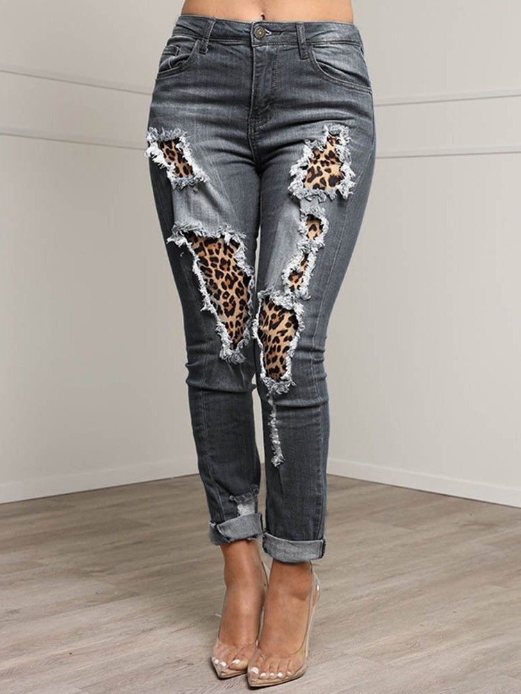 Patchwork Leopard Pencil Bukser Glidelås Dame Slim Jeans