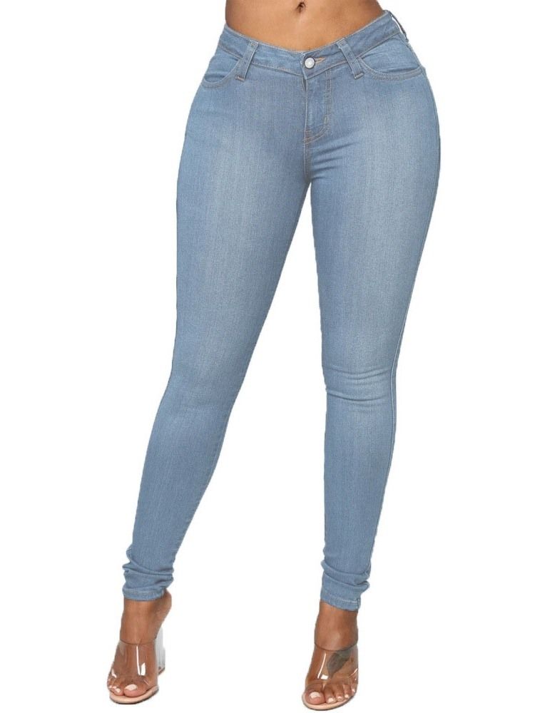 Pencil Bukser Knapp Vanlige Kvinners Slim Mid Waist Jeans