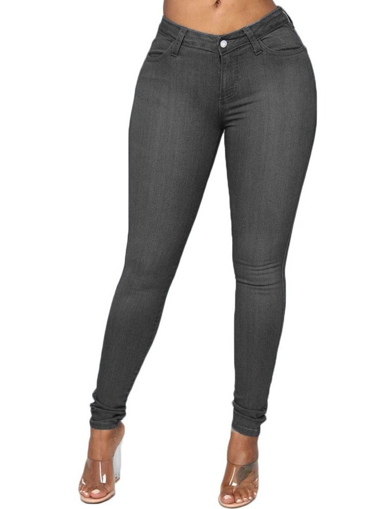 Pencil Bukser Knapp Vanlige Kvinners Slim Mid Waist Jeans