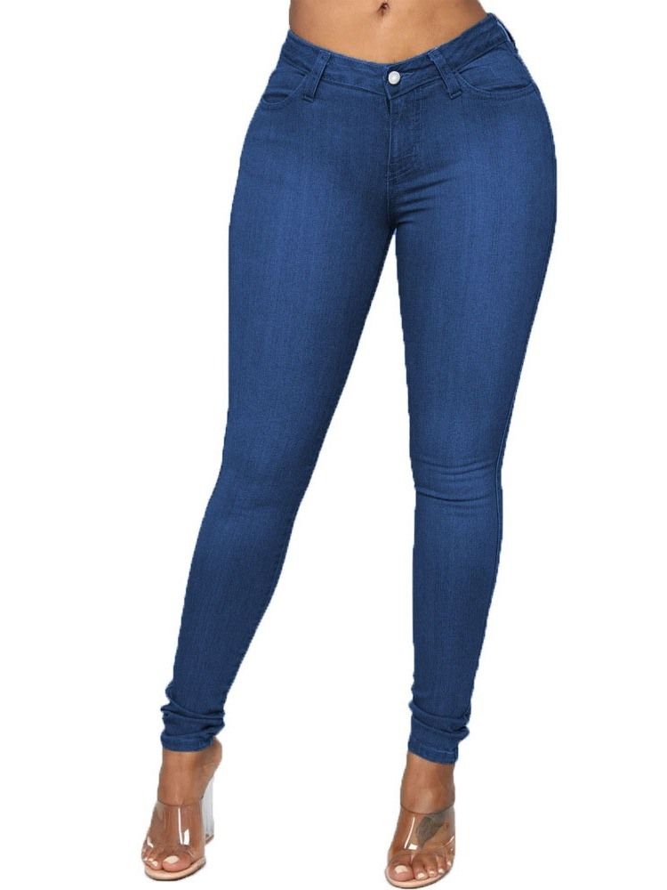 Pencil Bukser Knapp Vanlige Kvinners Slim Mid Waist Jeans