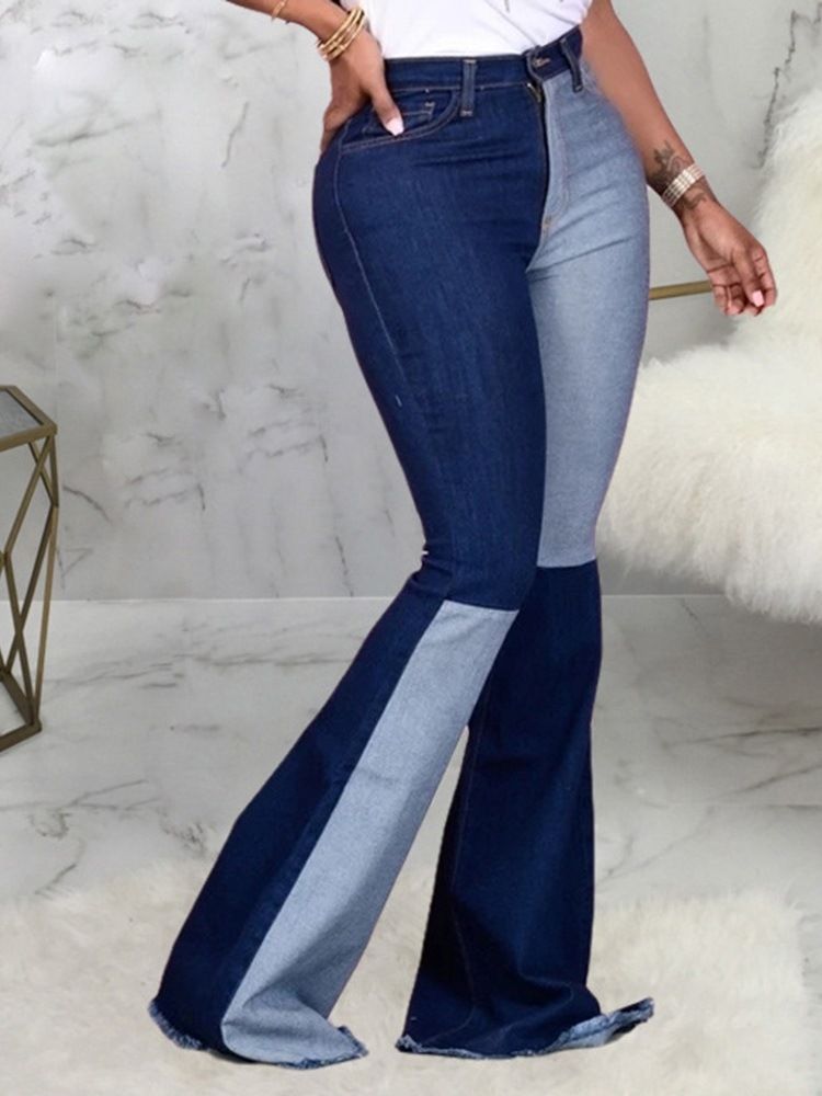 Plus Size Pocket Color Block Bellbottoms Slim Jeans Med Glidelås