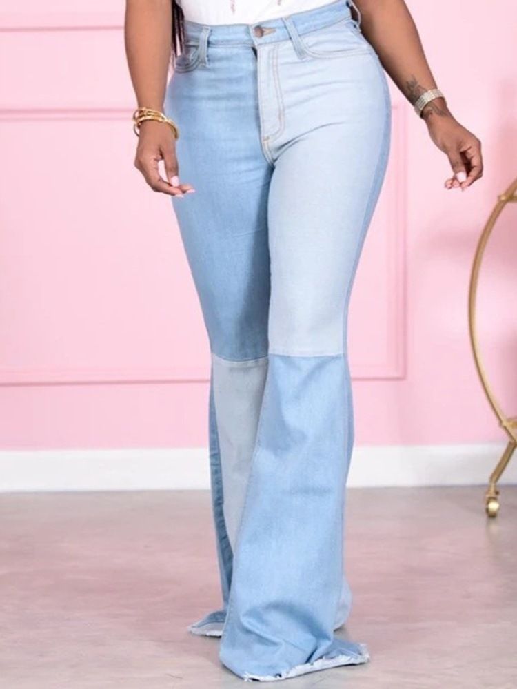 Plus Size Pocket Color Block Bellbottoms Slim Jeans Med Glidelås