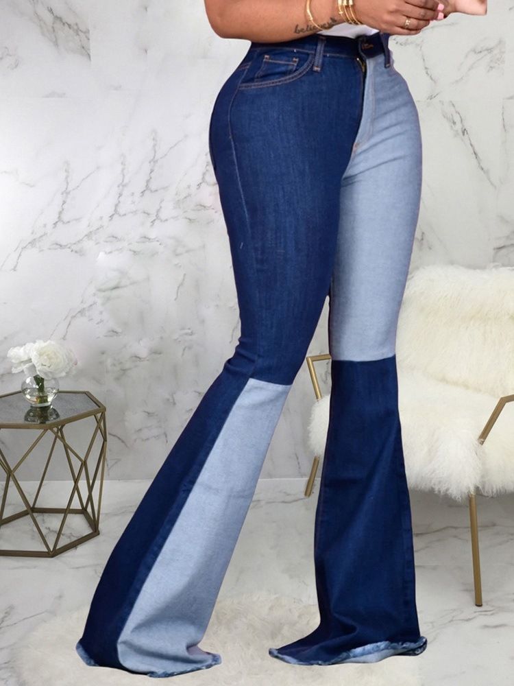 Plus Size Pocket Color Block Bellbottoms Slim Jeans Med Glidelås