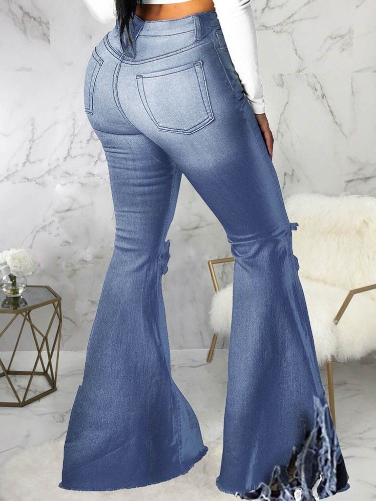 Vanlige Bellbottoms Hole Dame Slim Mid Waist Jeans