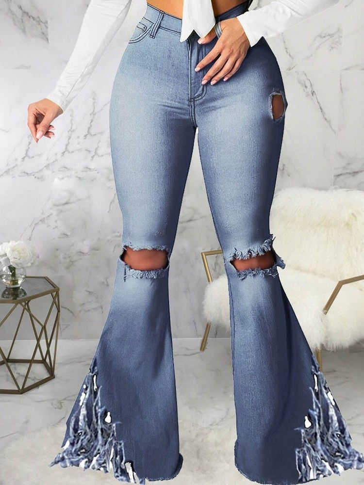 Vanlige Bellbottoms Hole Dame Slim Mid Waist Jeans