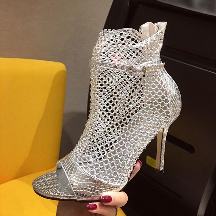 Mesh Peep Toe Glidelås Stiletthæl Dame Ankelstøvletter