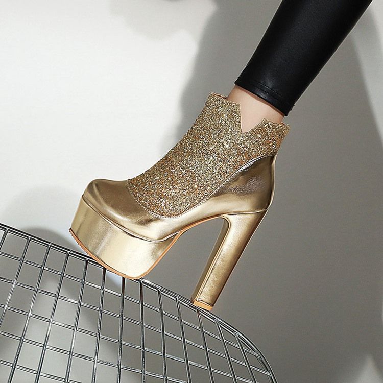 Sequin Chunky Heel Patchwork Sideglidelås Sexy Damestøvler