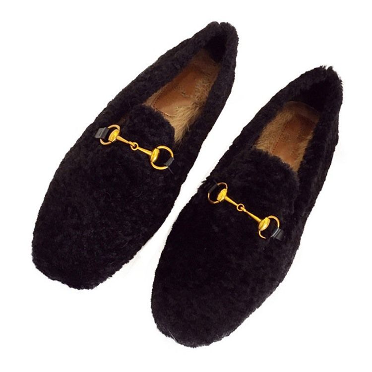 Faux Fur Block Hæl Rund Toe Slip-On Kvinners Flate sko