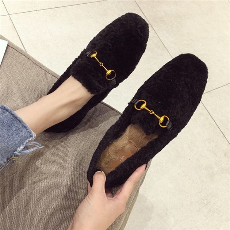 Faux Fur Block Hæl Rund Toe Slip-On Kvinners Flate sko