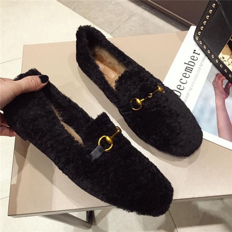 Faux Fur Block Hæl Rund Toe Slip-On Kvinners Flate sko