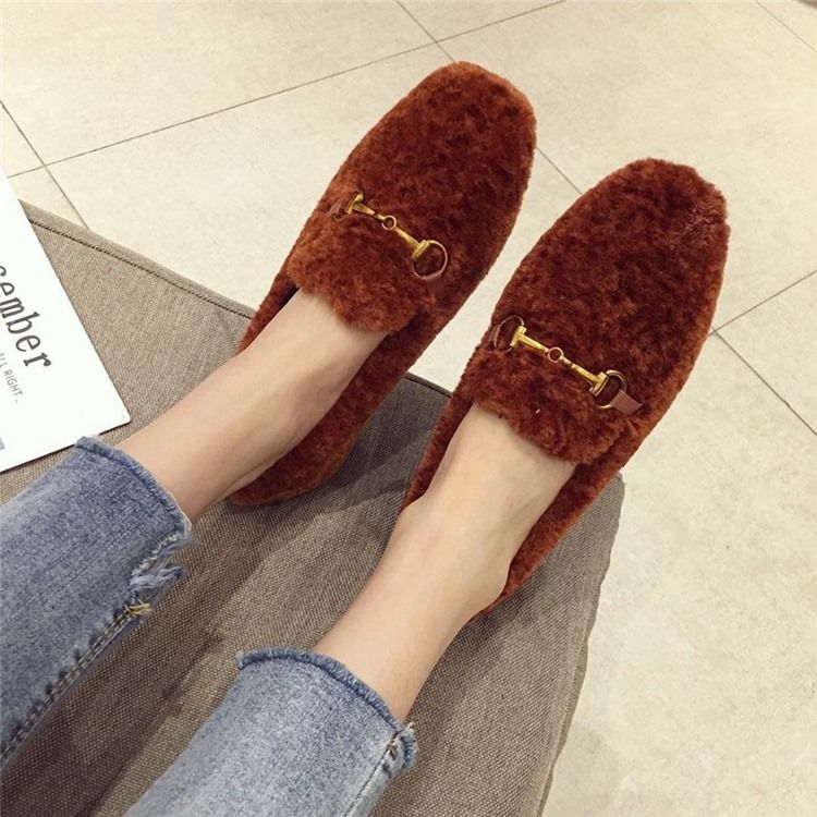 Faux Fur Block Hæl Rund Toe Slip-On Kvinners Flate sko