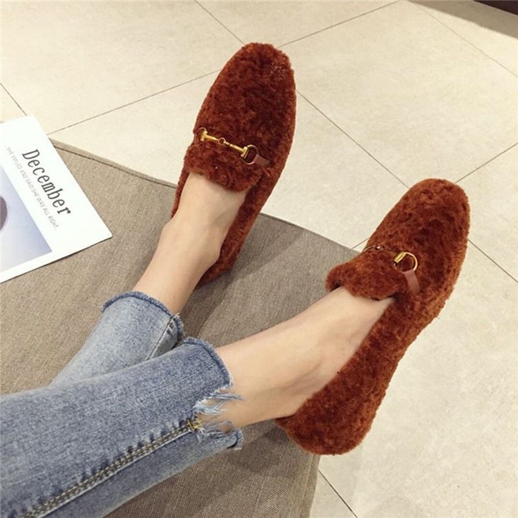 Faux Fur Block Hæl Rund Toe Slip-On Kvinners Flate sko