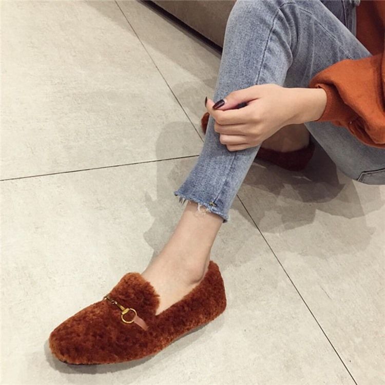 Faux Fur Block Hæl Rund Toe Slip-On Kvinners Flate sko