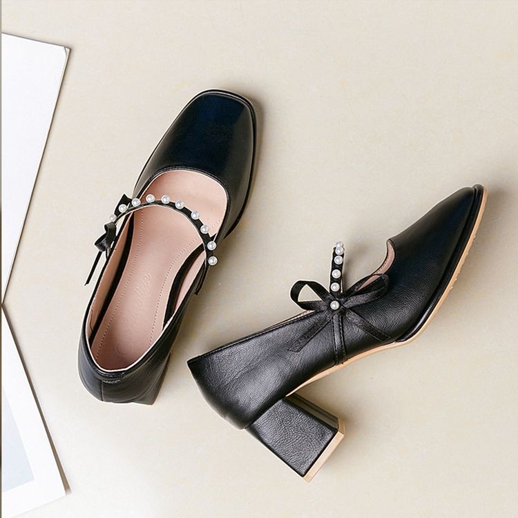 Chunky Heel Square Toe Bow Koreanske Tynne Sko