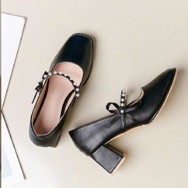 Chunky Heel Square Toe Bow Koreanske Tynne Sko