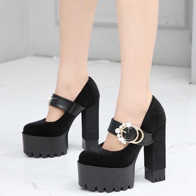 Faux Suede Beads Chunky Heel Rund Toe Dameballsko