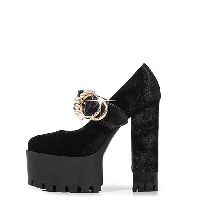 Faux Suede Beads Chunky Heel Rund Toe Dameballsko