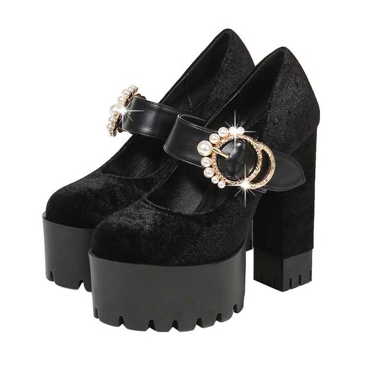 Faux Suede Beads Chunky Heel Rund Toe Dameballsko