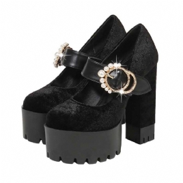 Faux Suede Beads Chunky Heel Rund Toe Dameballsko