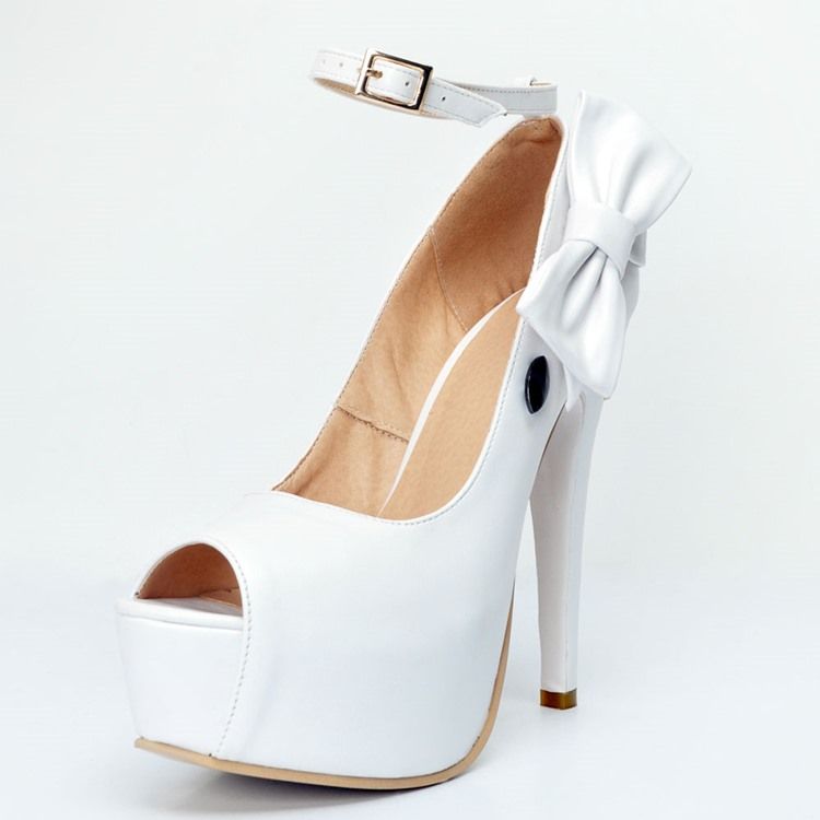 Peep Toe Plain Stiletto Pumps Med Bowknot