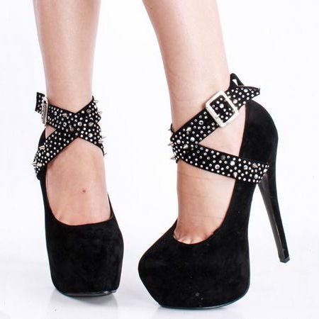 Svart Imitert Semsket Rhinestone Spike Cross Straps Platform Stiletthæler