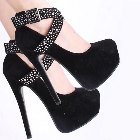 Svart Imitert Semsket Rhinestone Spike Cross Straps Platform Stiletthæler