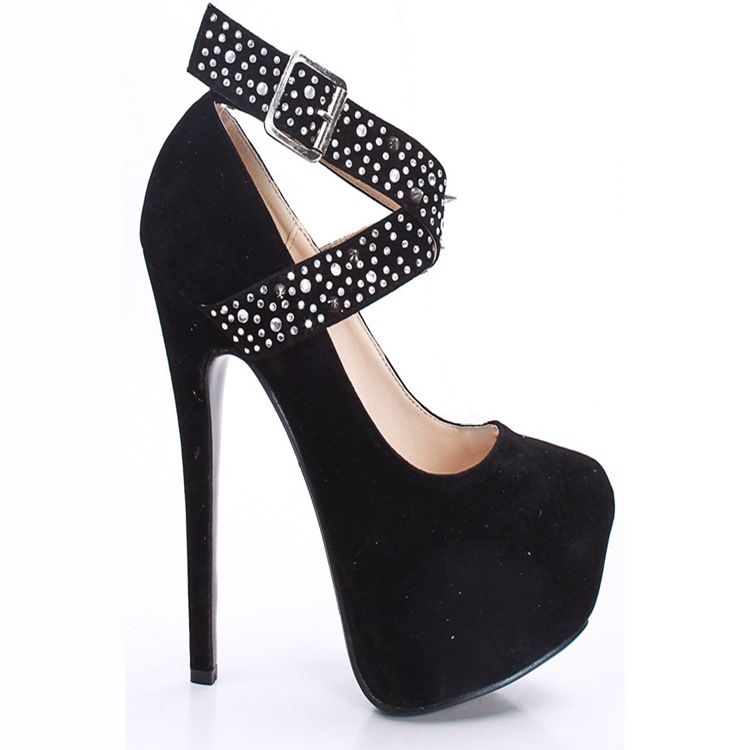 Svart Imitert Semsket Rhinestone Spike Cross Straps Platform Stiletthæler