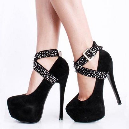 Svart Imitert Semsket Rhinestone Spike Cross Straps Platform Stiletthæler