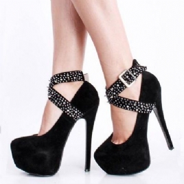 Svart Imitert Semsket Rhinestone Spike Cross Straps Platform Stiletthæler