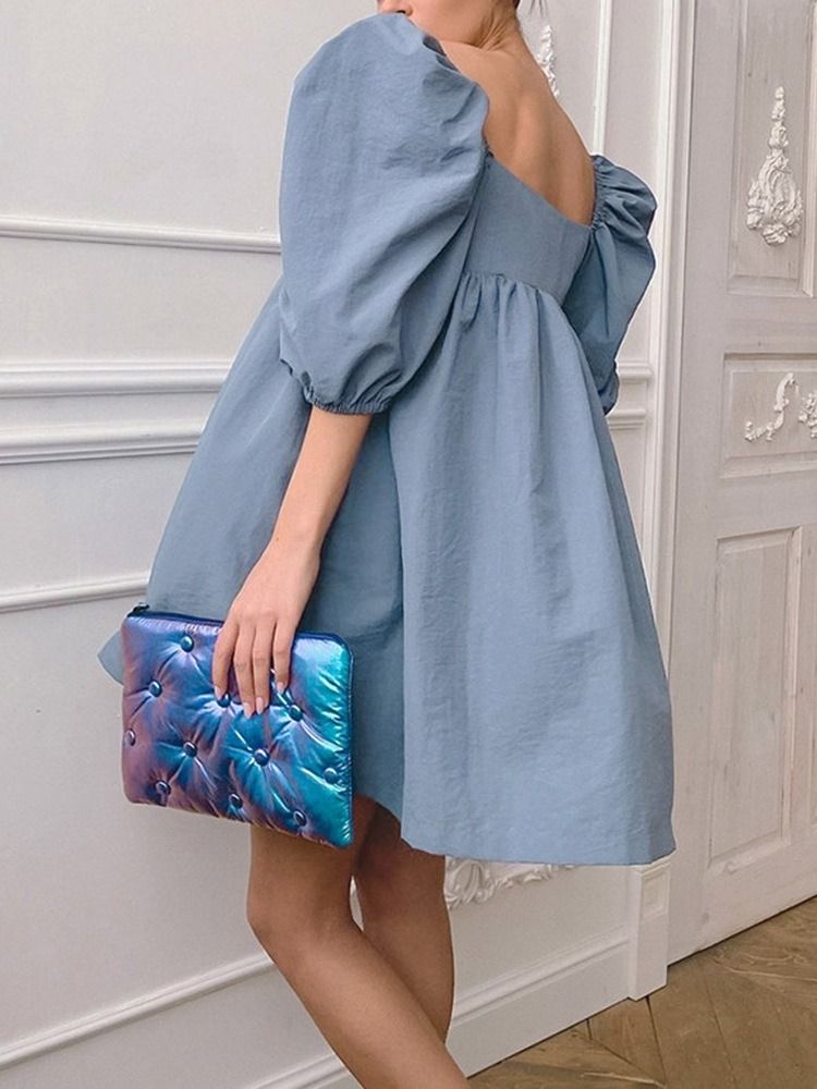 Above Knee Patchwork Half Sleeve Pullover Puff Sleeve Dress