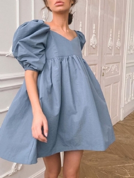 Above Knee Patchwork Half Sleeve Pullover Puff Sleeve Dress