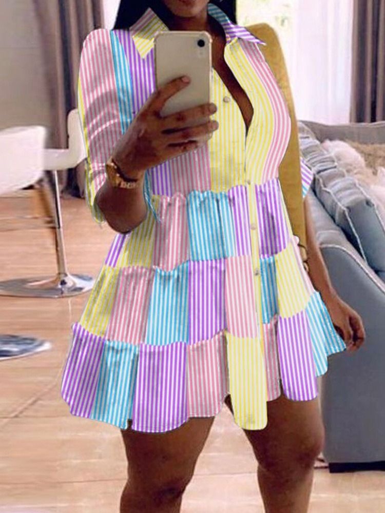 Above Knee Patchwork Lapel Single-Breasted Stripe Dress